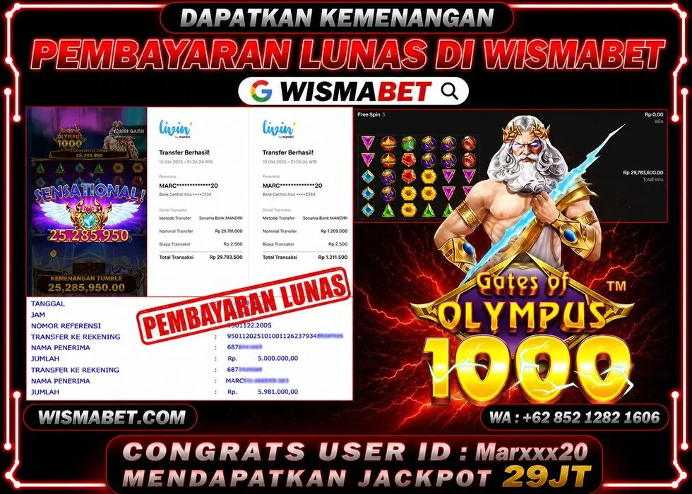 Wismabet - BUKTI KEMENANGAN Gates Of Olympus 1000x Rp29,000,000,- LUNAS
